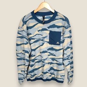 Adidas Texture Print Crew Fleece Sweatshirt Men Medium Blue Beige Camo Golf
